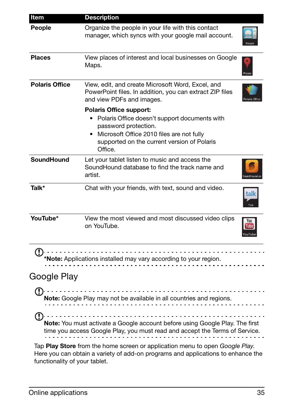 Google play | Acer A510 User Manual | Page 35 / 72