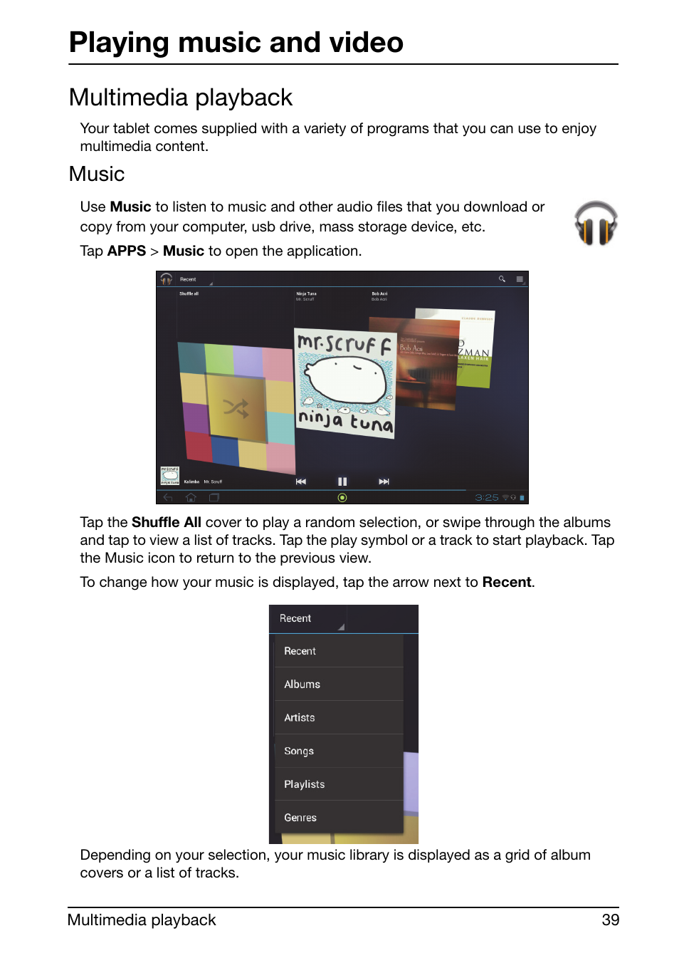 Playing music and video, Multimedia playback, Music | Acer A510 User Manual | Page 39 / 72