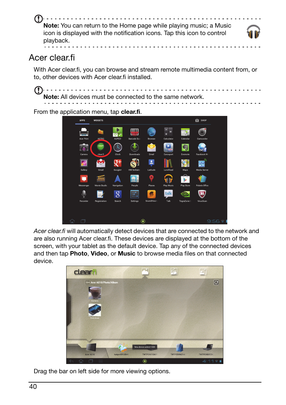 Acer clear.fi | Acer A510 User Manual | Page 40 / 72