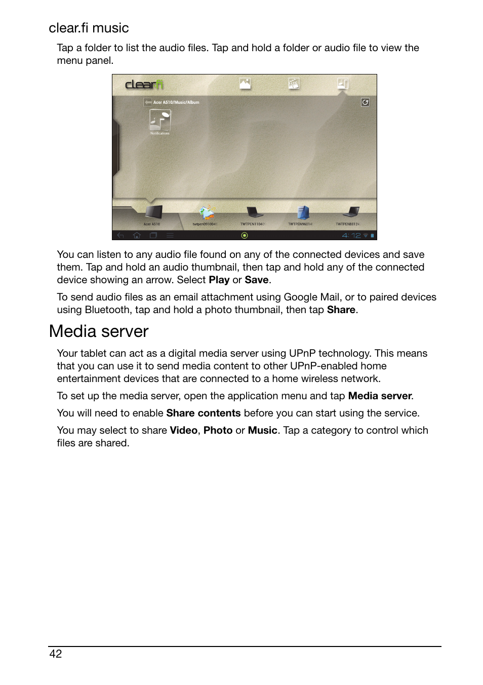 Media server, Clear.fi music | Acer A510 User Manual | Page 42 / 72