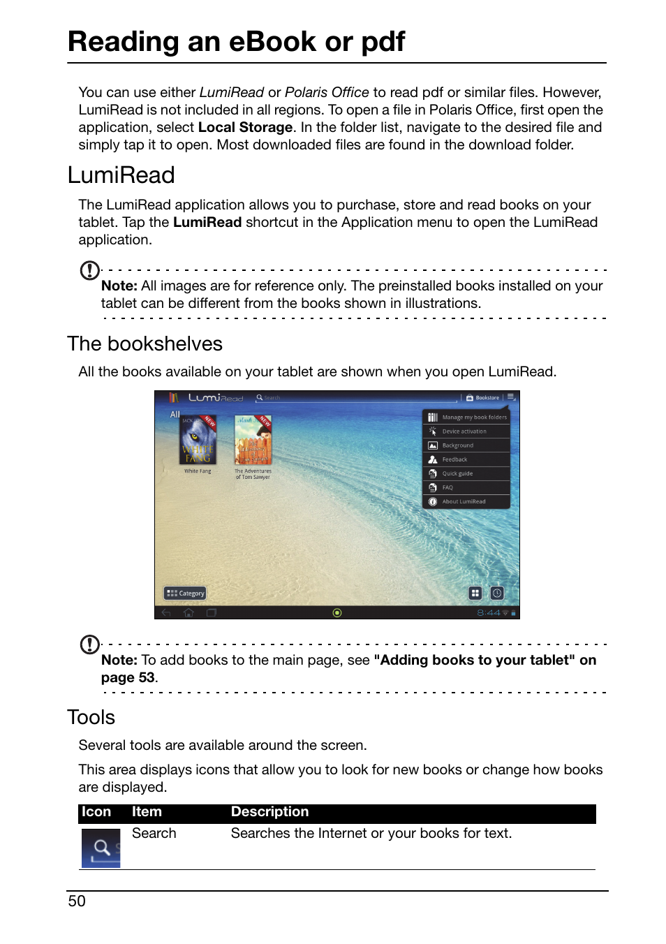 Reading an ebook or pdf, Lumiread, The bookshelves | Tools | Acer A510 User Manual | Page 50 / 72