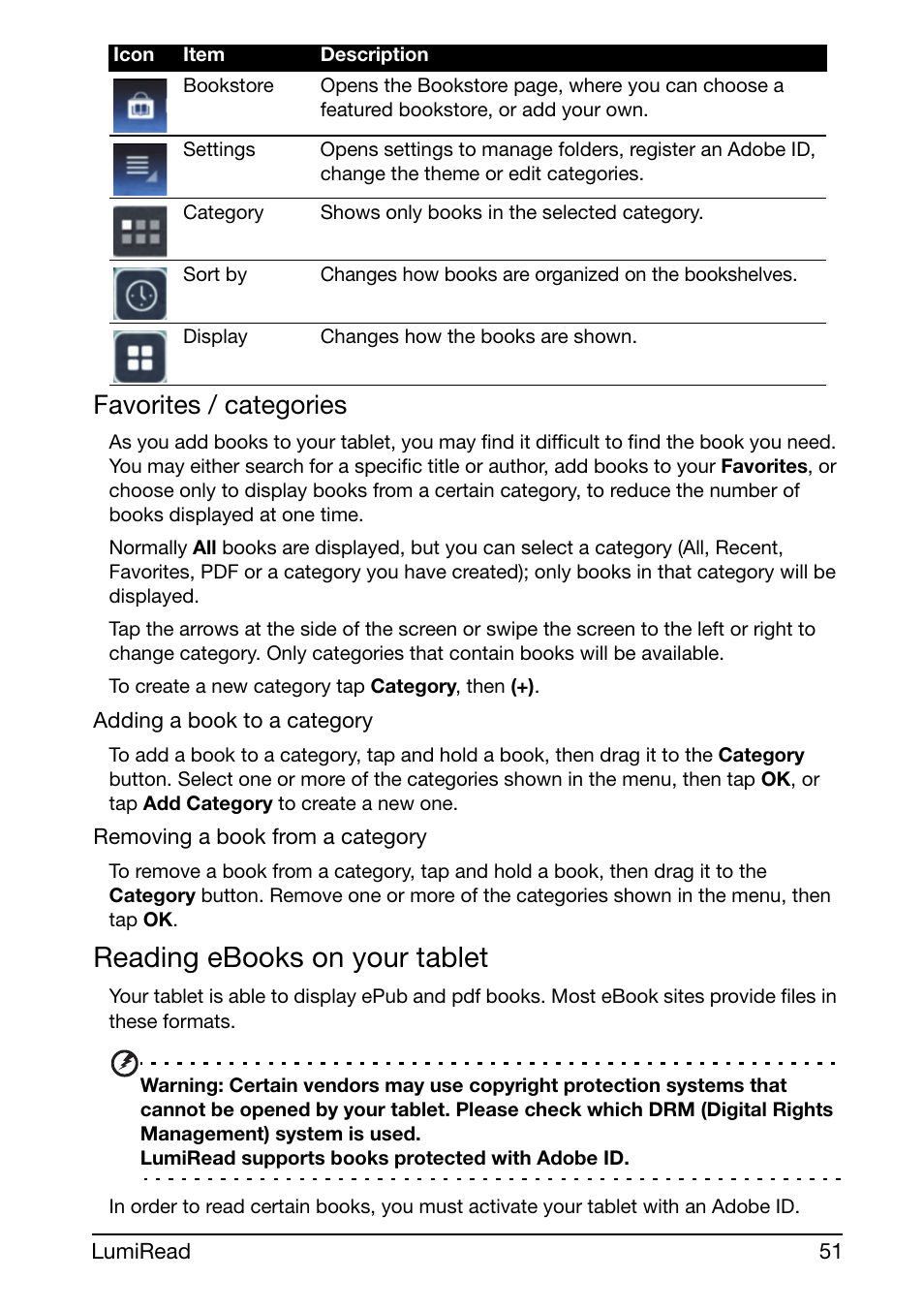 Reading ebooks on your tablet, Favorites / categories | Acer A510 User Manual | Page 51 / 72