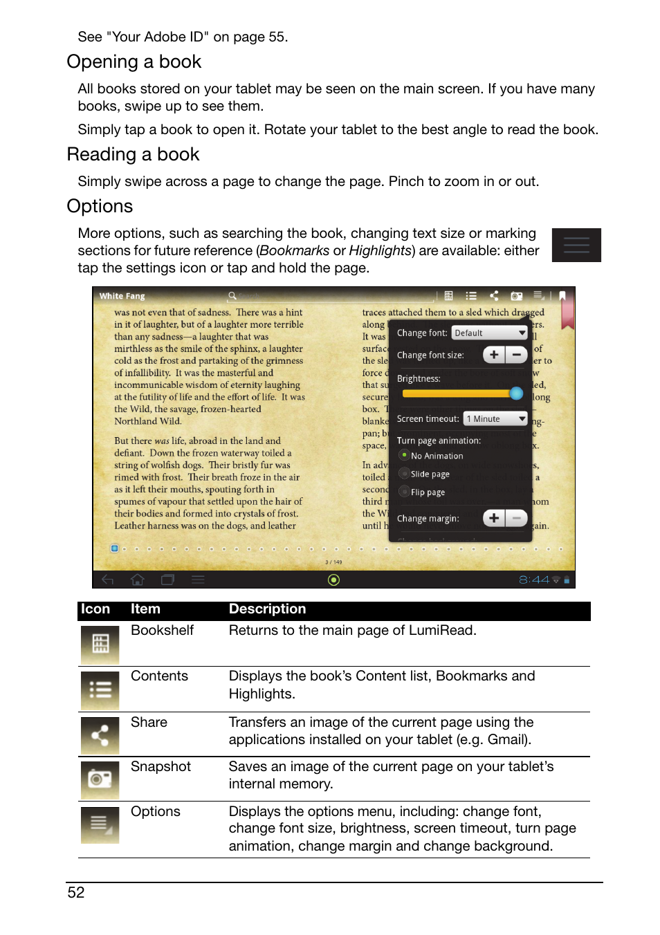 Opening a book, Reading a book, Options | Acer A510 User Manual | Page 52 / 72
