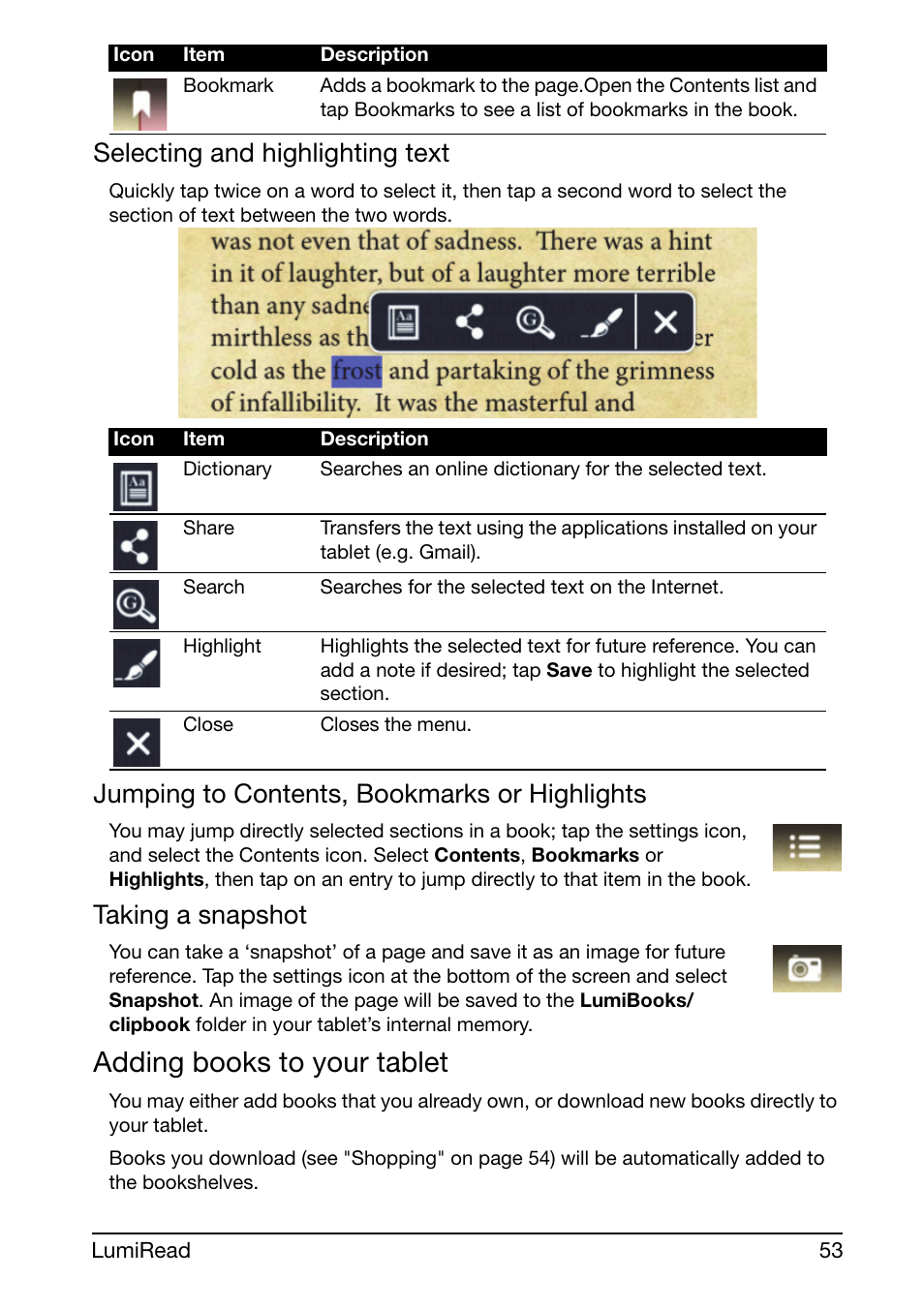 Adding books to your tablet, Selecting and highlighting text, Jumping to contents, bookmarks or highlights | Taking a snapshot | Acer A510 User Manual | Page 53 / 72