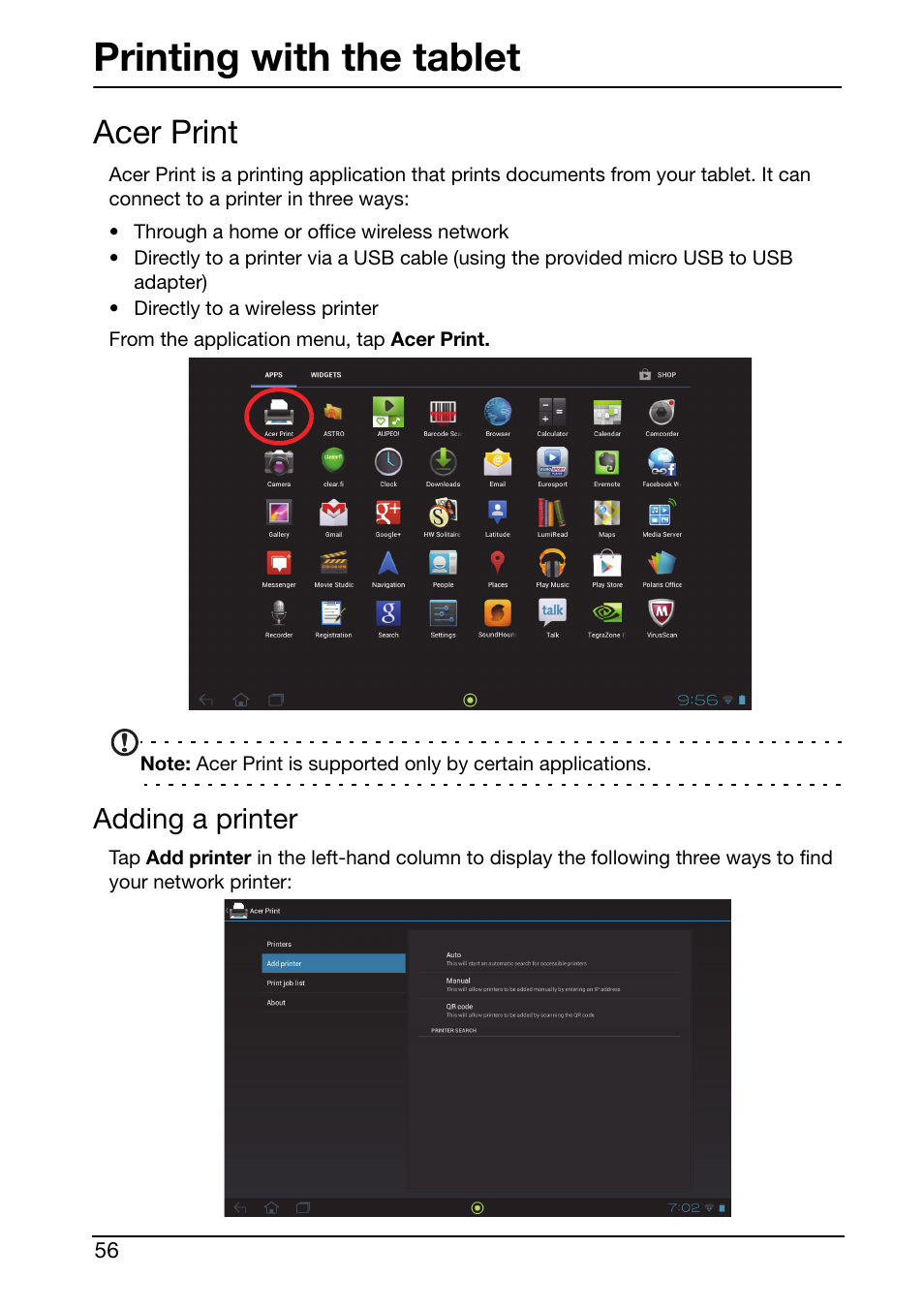 Printing with the tablet, Acer print, Adding a printer | Acer A510 User Manual | Page 56 / 72