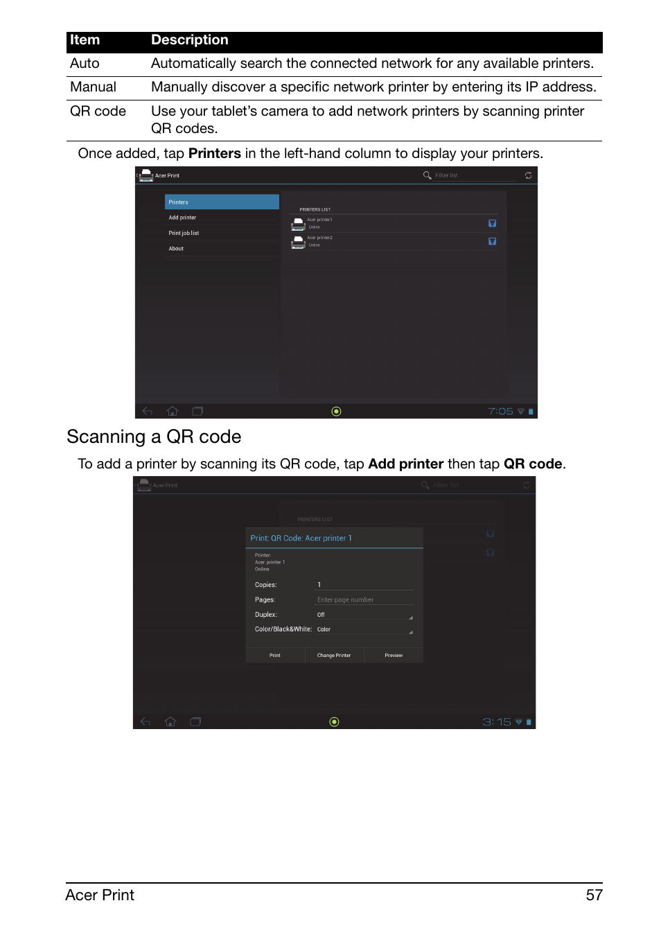 Scanning a qr code | Acer A510 User Manual | Page 57 / 72
