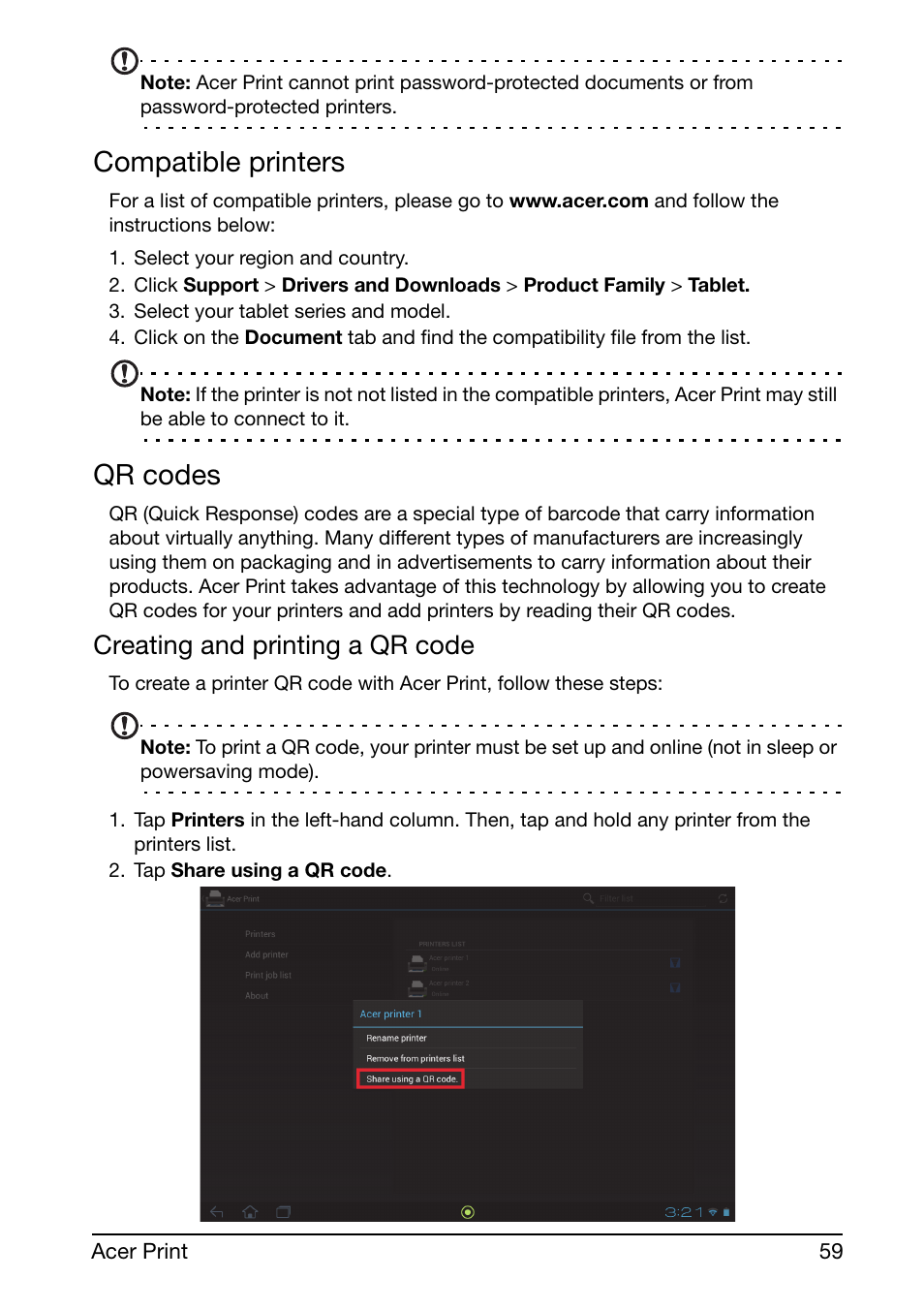 Compatible printers, Qr codes, Creating and printing a qr code | Acer A510 User Manual | Page 59 / 72