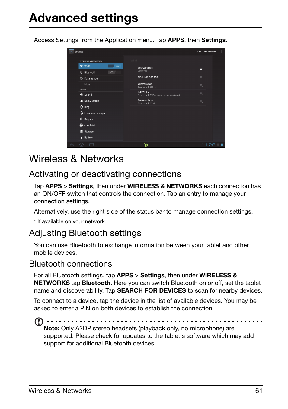 Advanced settings, Wireless & networks, Activating or deactivating connections | Adjusting bluetooth settings | Acer A510 User Manual | Page 61 / 72
