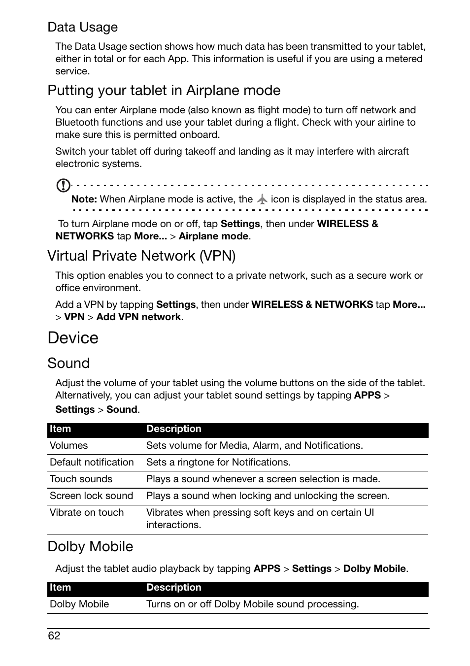 Putting your tablet in airplane mode, Virtual private network (vpn), Device | Sound, Dolby mobile, Data usage | Acer A510 User Manual | Page 62 / 72