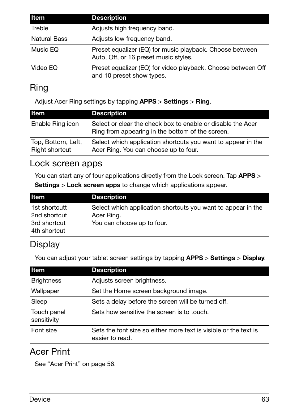 Ring, Lock screen apps, Display | Acer print | Acer A510 User Manual | Page 63 / 72