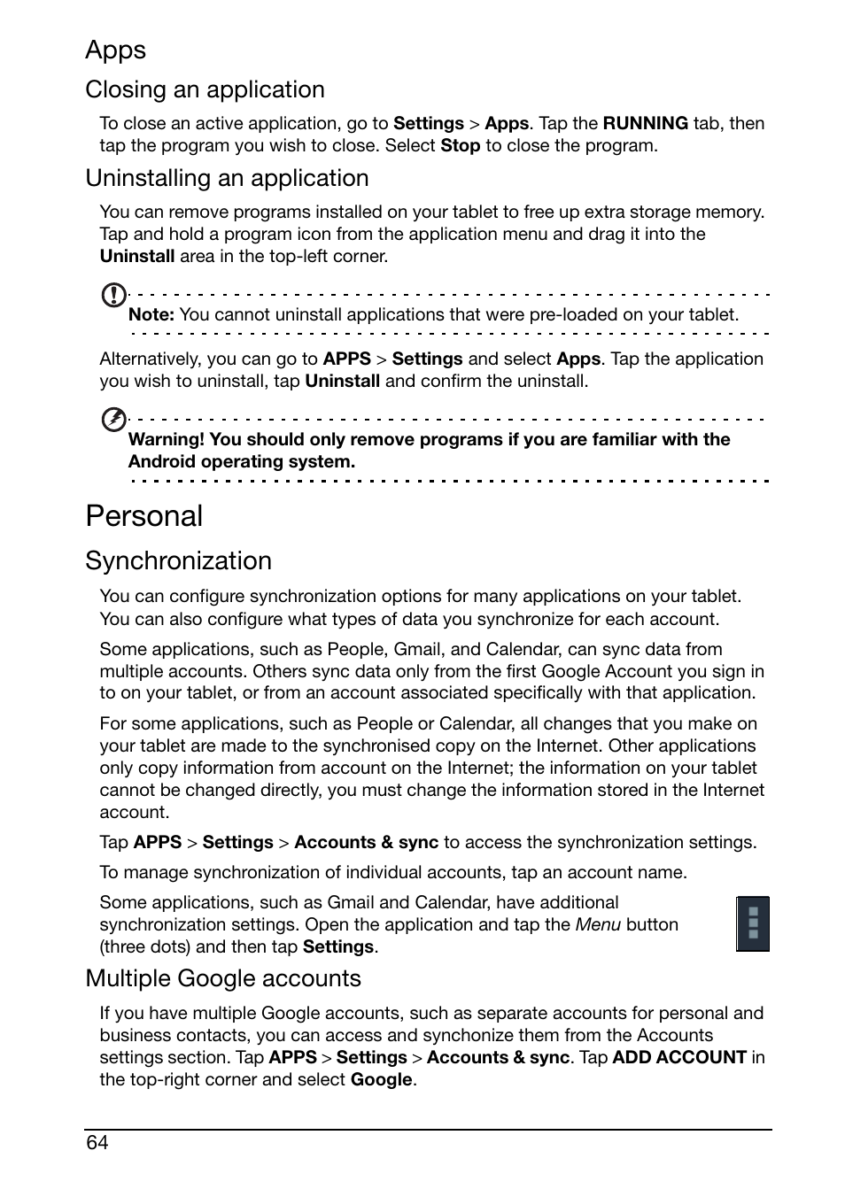 Apps, Personal, Synchronization | Closing an application, Uninstalling an application, Multiple google accounts | Acer A510 User Manual | Page 64 / 72