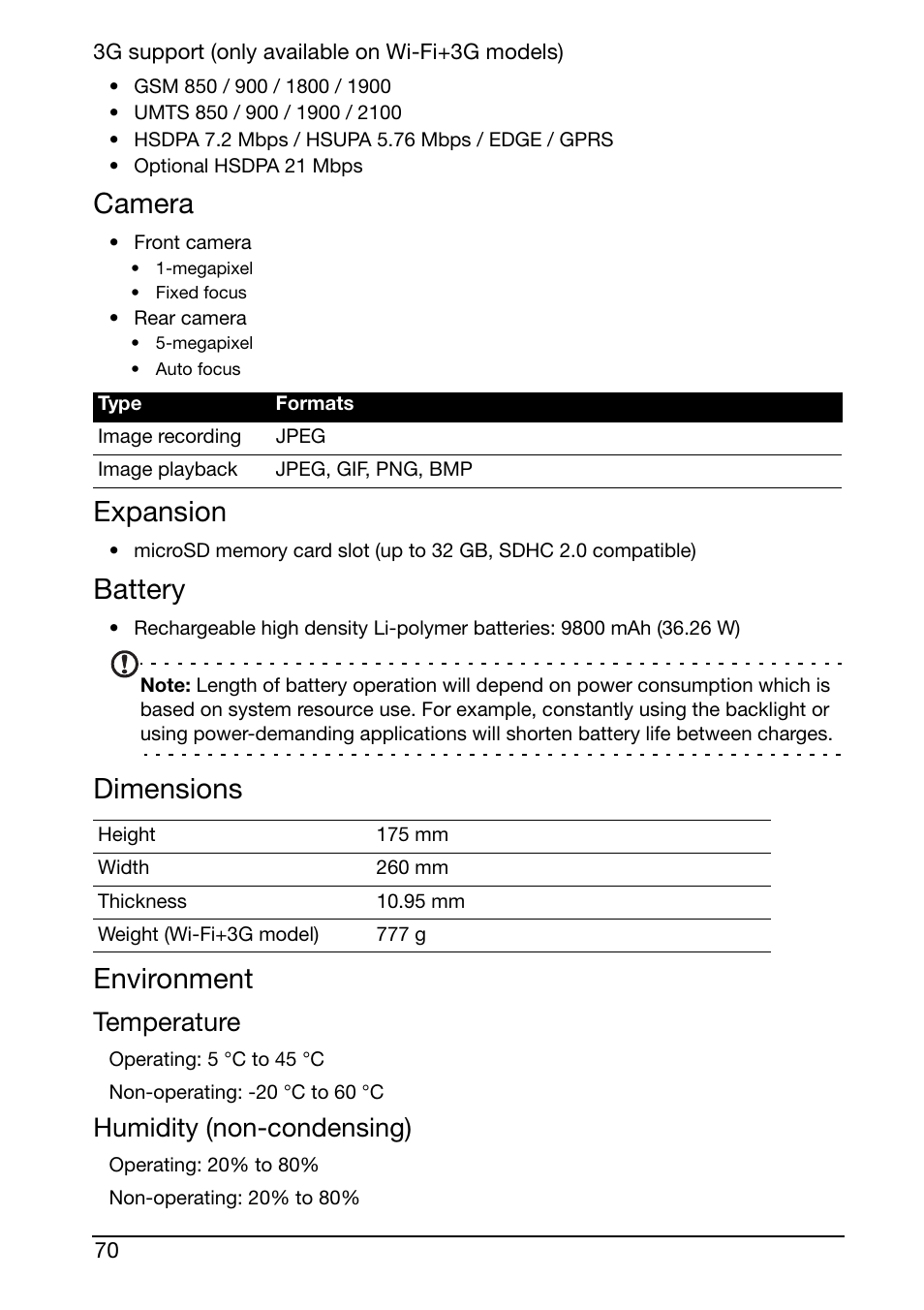 Camera, Expansion, Battery | Dimensions, Environment, Dimensions environment, Temperature, Humidity (non-condensing) | Acer A510 User Manual | Page 70 / 72