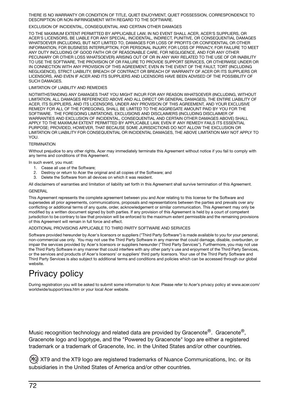 Privacy policy | Acer A510 User Manual | Page 72 / 72