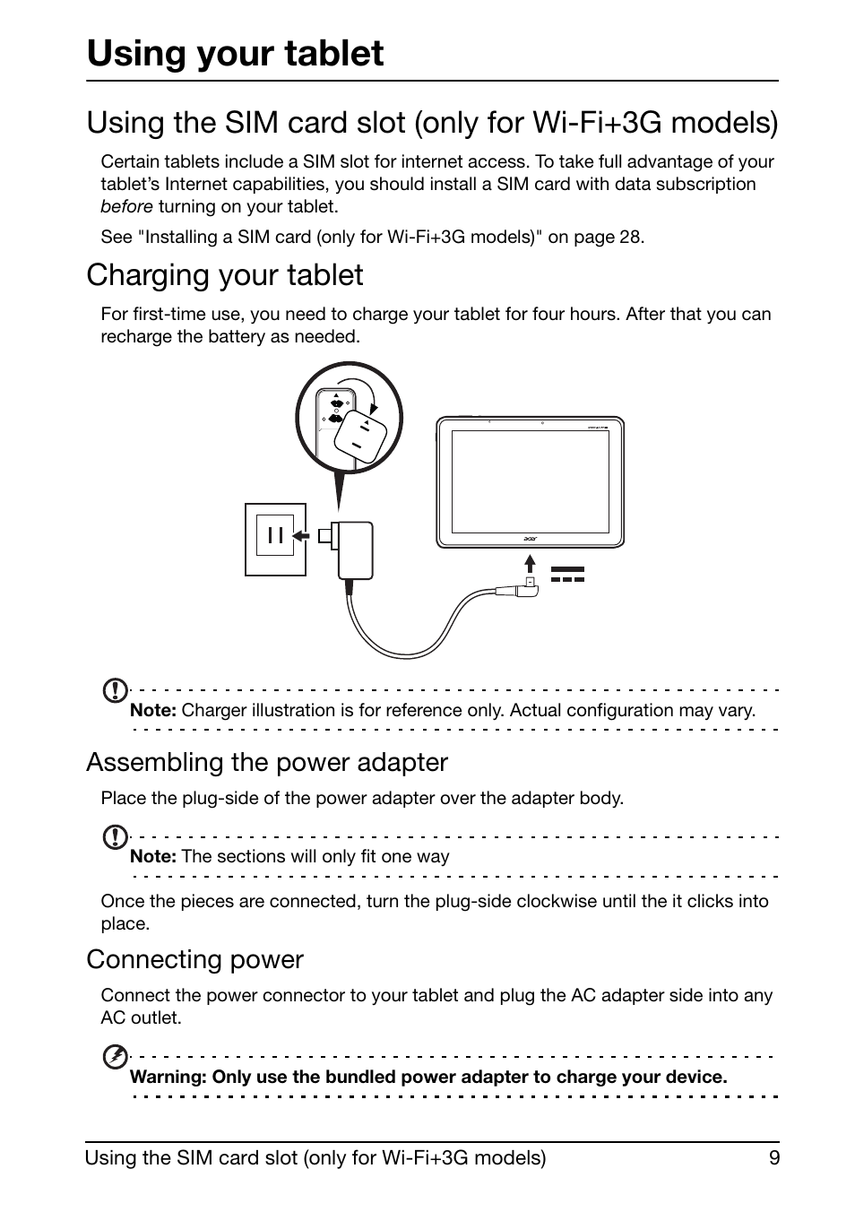Using your tablet, Using the sim card slot (only for wi-fi+3g models), Charging your tablet | Assembling the power adapter, Connecting power | Acer A510 User Manual | Page 9 / 72