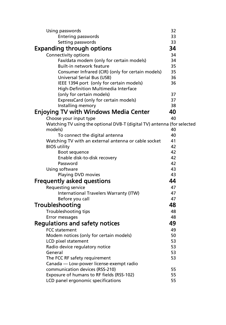 Expanding through options 34, Enjoying tv with windows media center 40, Frequently asked questions 44 | Troubleshooting 48, Regulations and safety notices 49 | Acer Aspire 5538G User Manual | Page 19 / 74