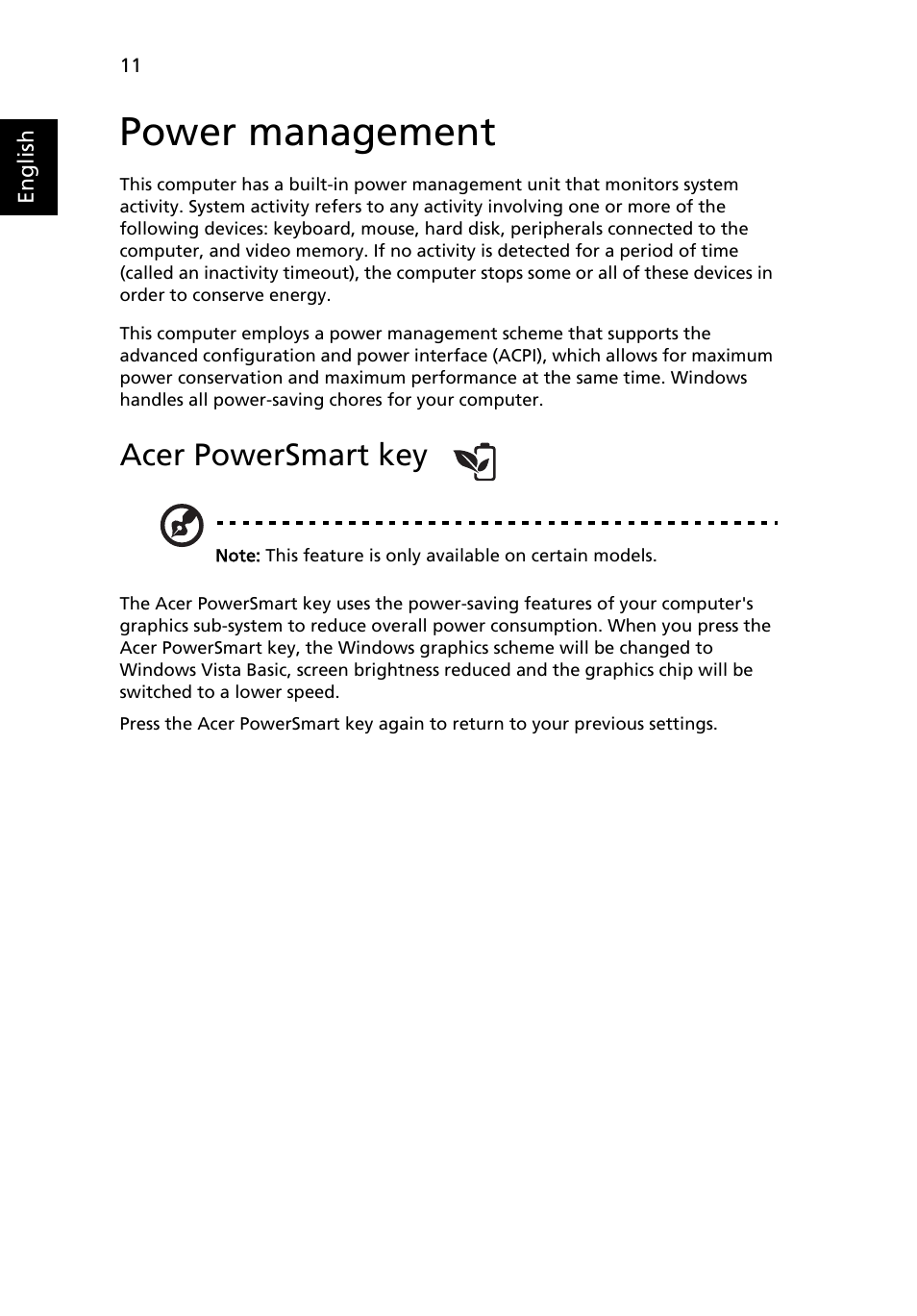 Power management, Acer powersmart key | Acer Aspire 5538G User Manual | Page 30 / 74