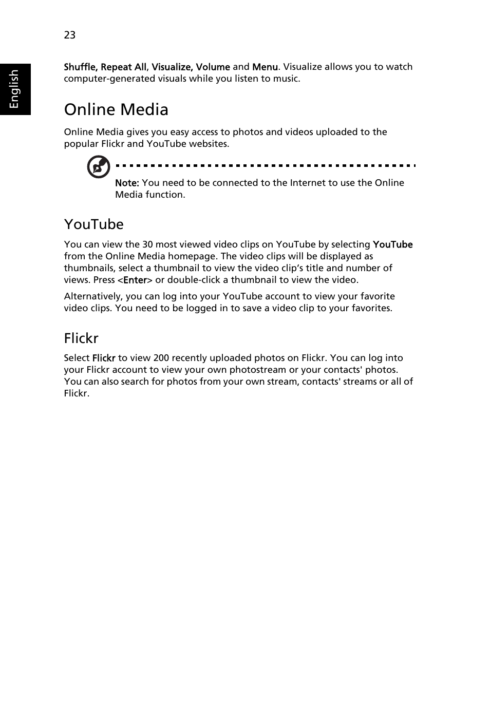 Online media, Youtube, Flickr | Acer Aspire 5538G User Manual | Page 42 / 74