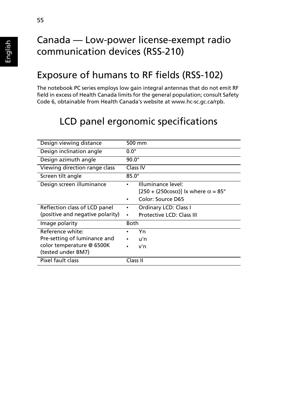 Exposure of humans to rf fields (rss-102), Lcd panel ergonomic specifications | Acer Aspire 5538G User Manual | Page 74 / 74