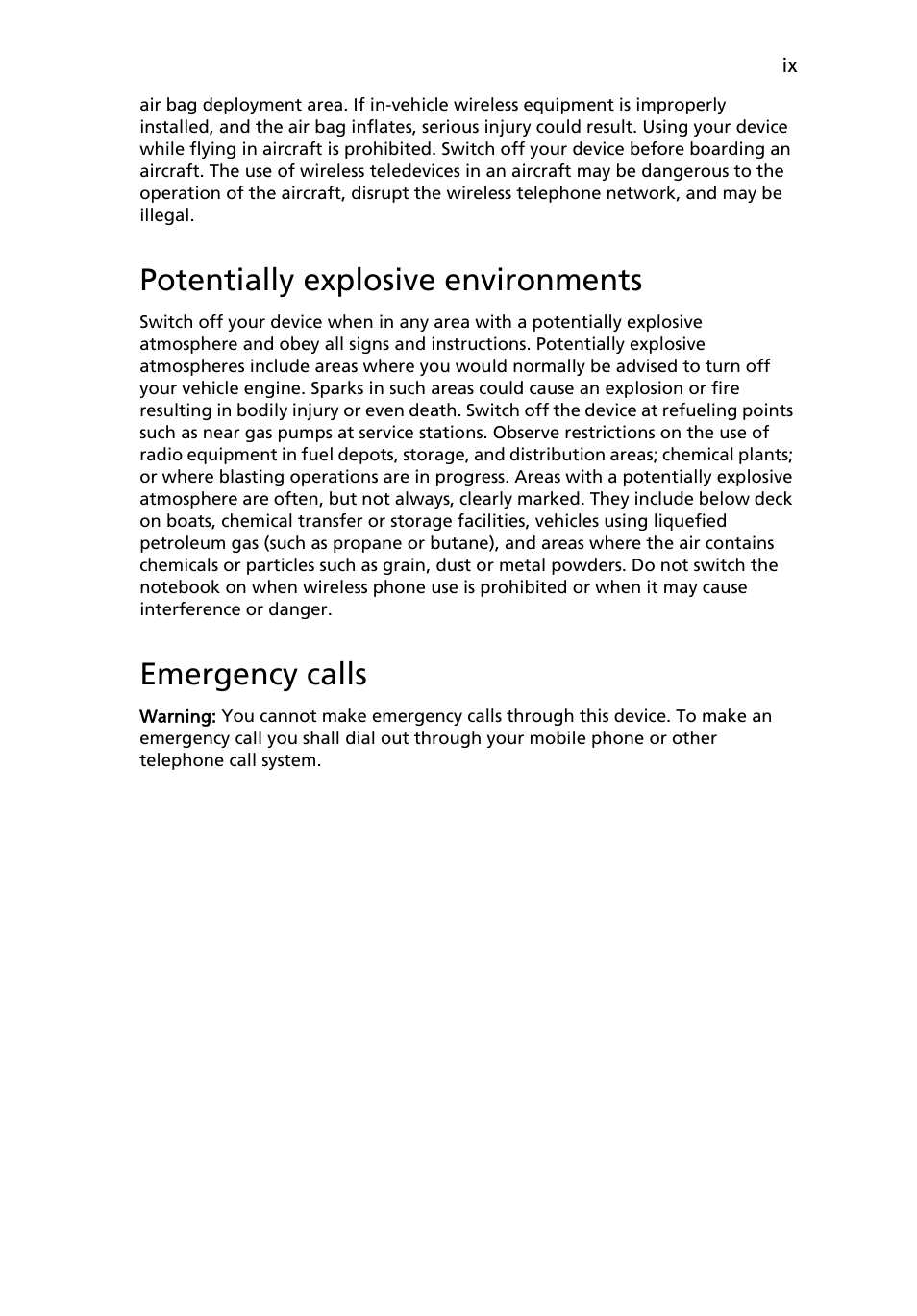 Potentially explosive environments, Emergency calls | Acer Aspire 5538G User Manual | Page 9 / 74