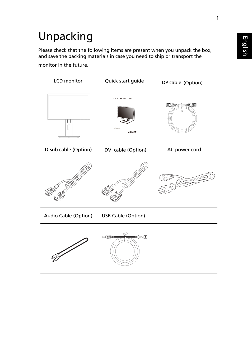 Unpacking | Acer B226WL User Manual | Page 13 / 29