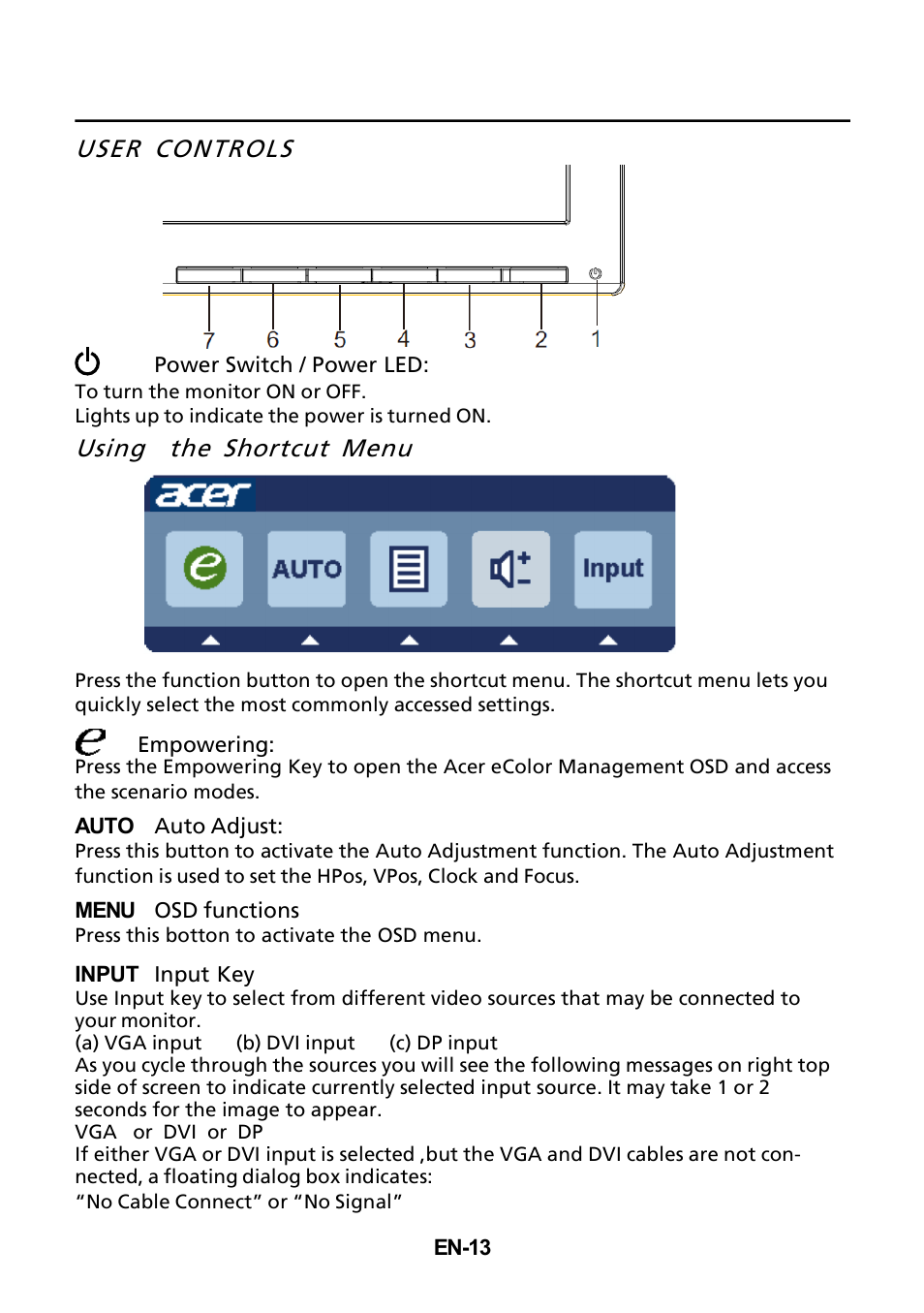 User controls, Using the shortcut menu | Acer B226WL User Manual | Page 22 / 29