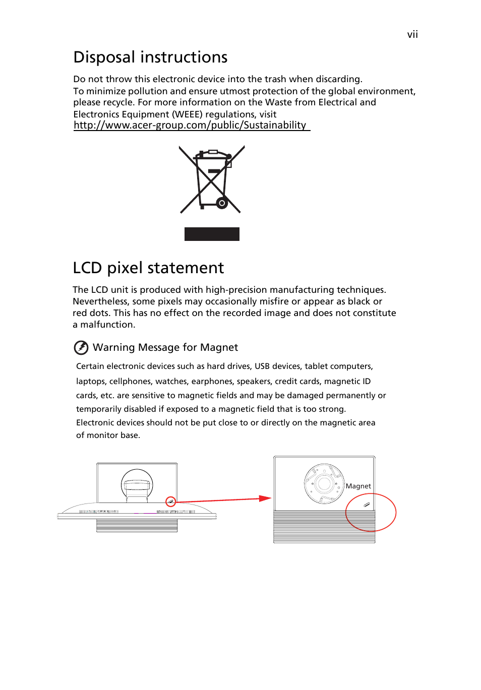 Disposal instructions, Lcd pixel statement | Acer B226WL User Manual | Page 7 / 29