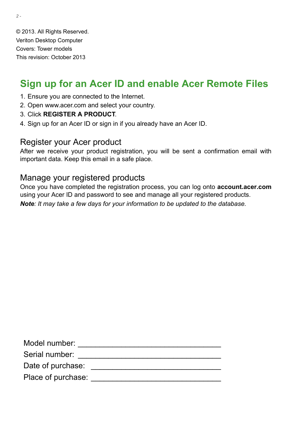 Register your acer product, Manage your registered products | Acer Veriton M2630 User Manual | Page 2 / 68