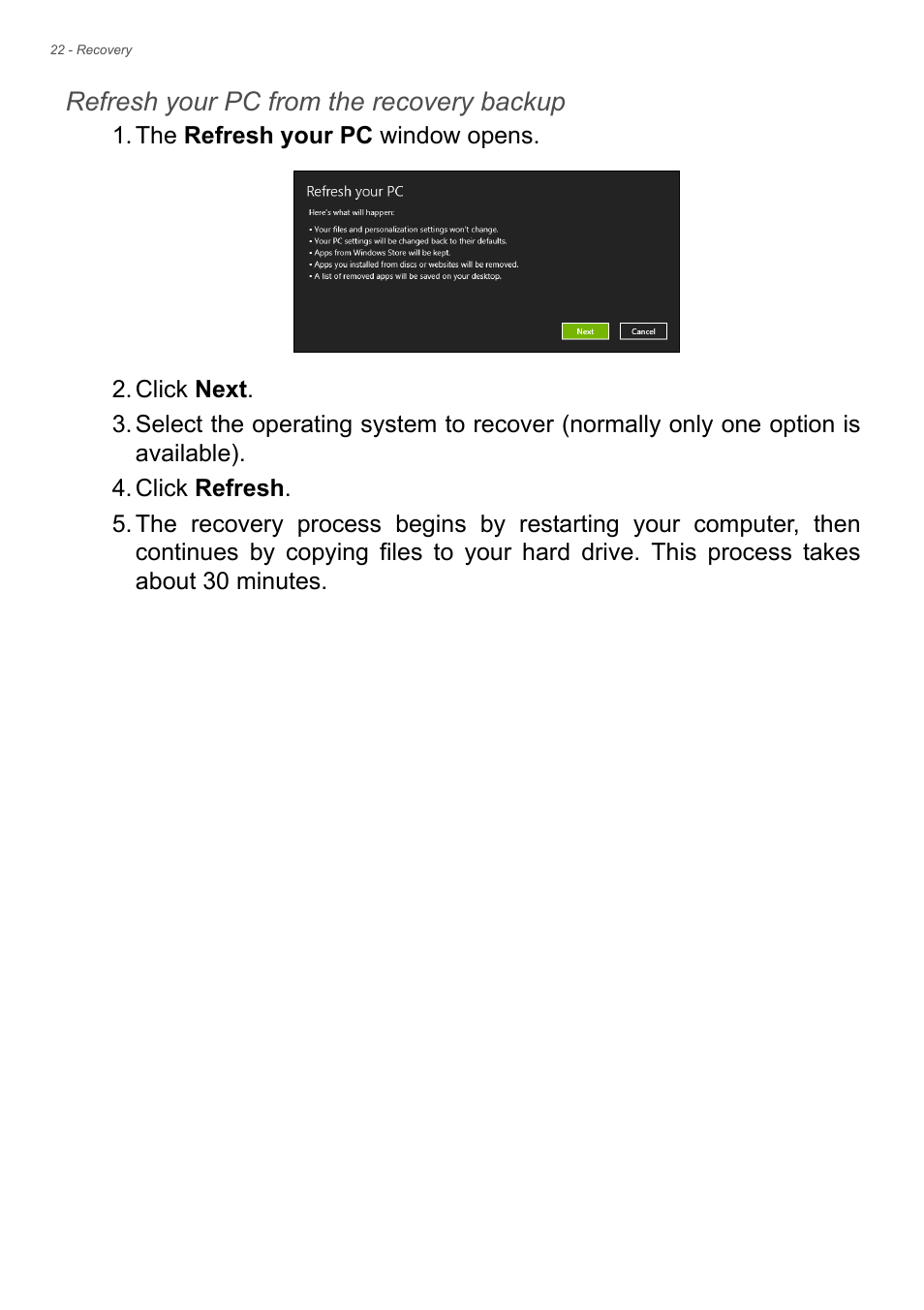 See refresh your pc from the, Refresh your pc from the recovery backup | Acer Veriton M2630 User Manual | Page 22 / 68