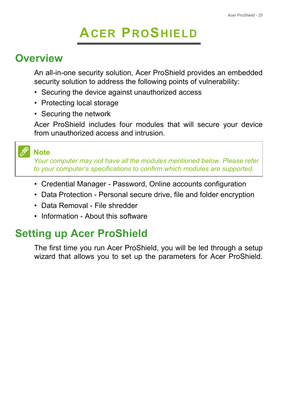 Acer proshield, Overview, Setting up acer proshield | Overview setting up acer proshield, Hield overview | Acer Veriton M2630 User Manual | Page 25 / 68