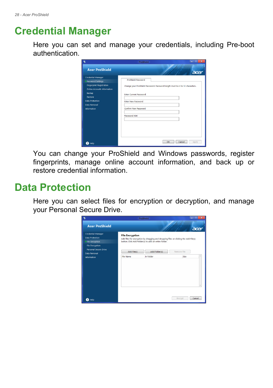 Credential manager, Data protection, Credential manager data protection | Acer Veriton M2630 User Manual | Page 28 / 68