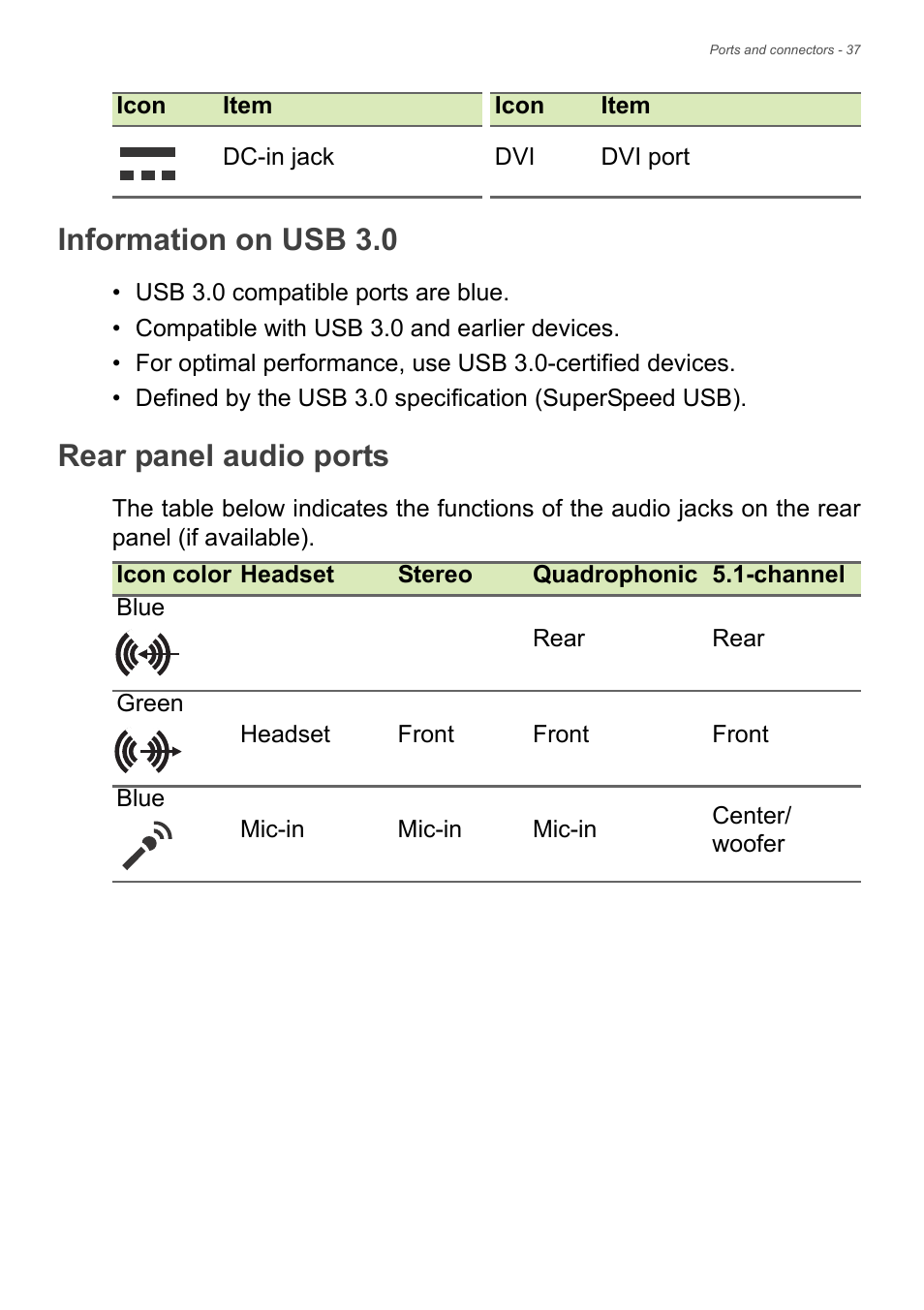 Information on usb 3.0, Rear panel audio ports, Information on usb 3.0 rear panel audio ports | Acer Veriton M2630 User Manual | Page 37 / 68