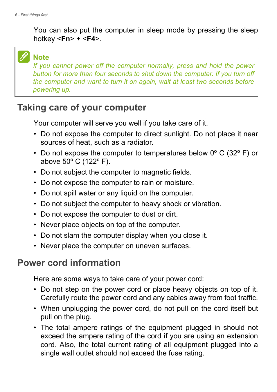 Taking care of your computer, Power cord information | Acer Veriton M2630 User Manual | Page 6 / 68