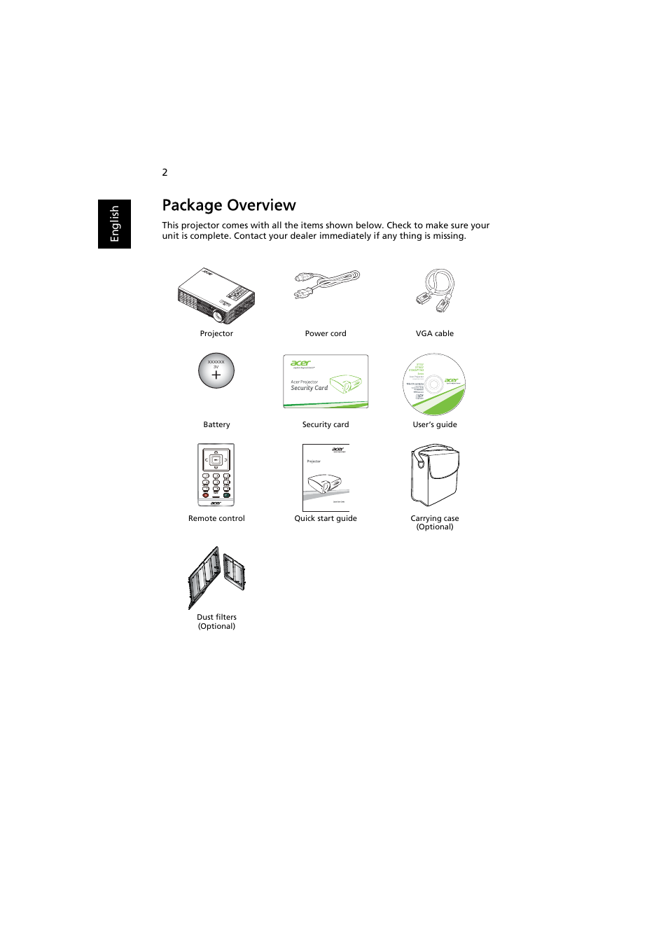 Package overview, En gl ish | Acer X1263N User Manual | Page 12 / 57