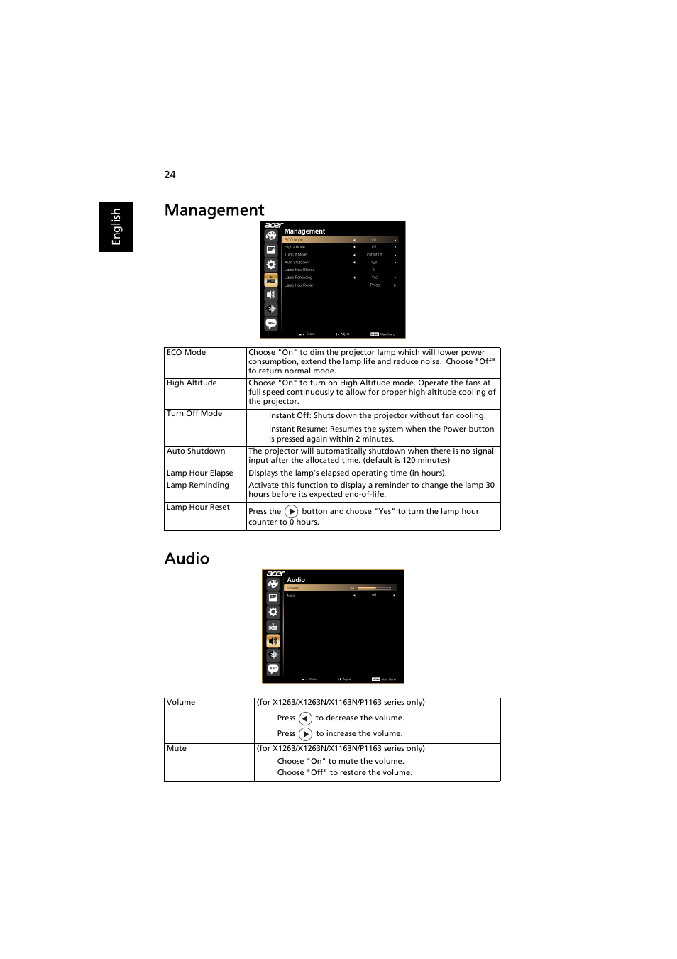 Management, Audio, Management audio | Acer X1263N User Manual | Page 34 / 57