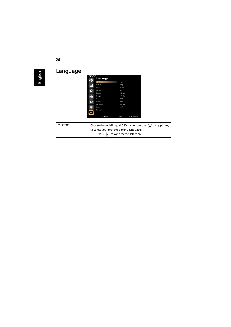 Language | Acer X1263N User Manual | Page 36 / 57