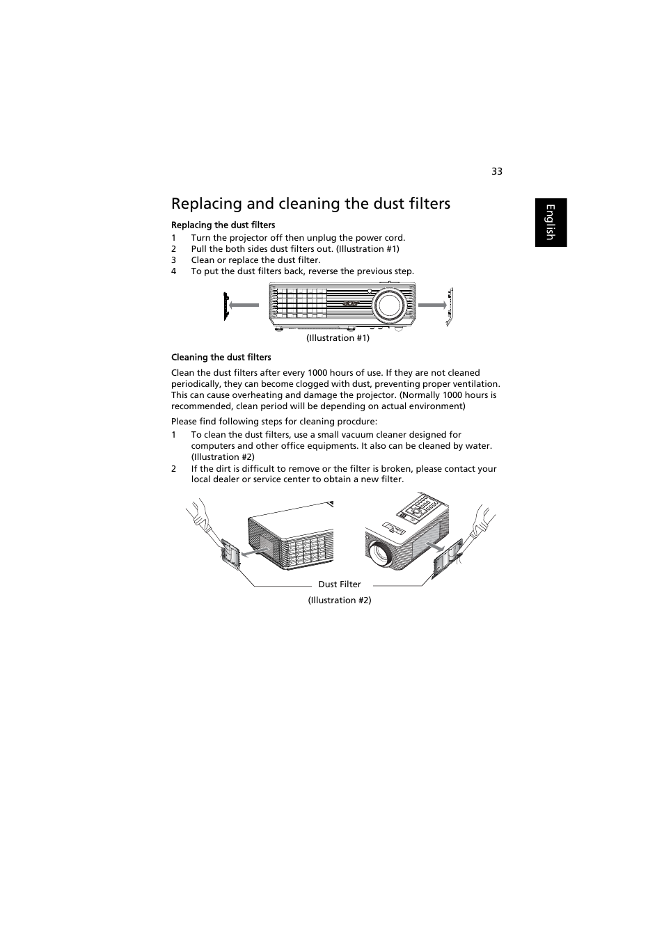 Replacing and cleaning the dust filters | Acer X1263N User Manual | Page 43 / 57