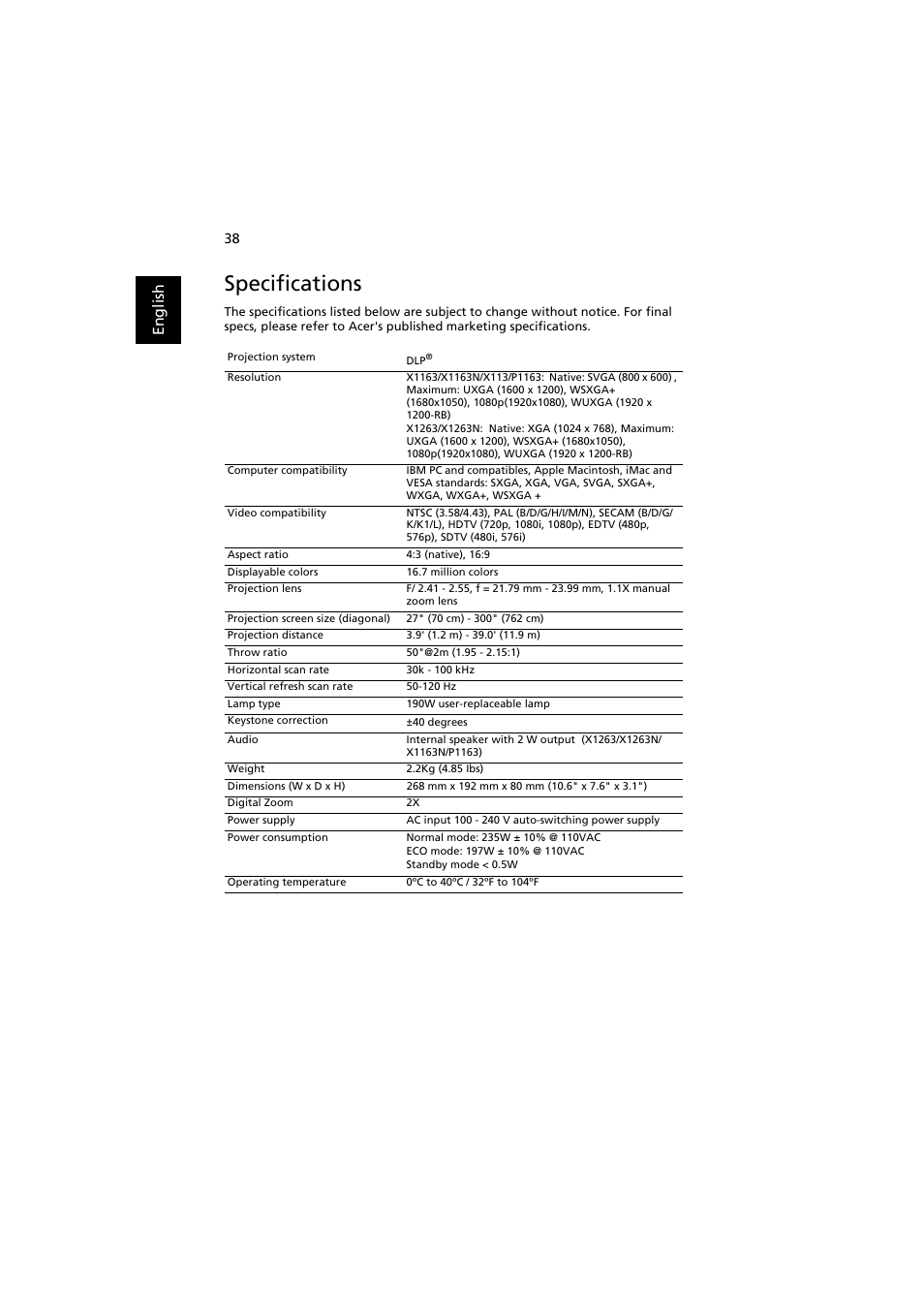 Specifications, En gl ish | Acer X1263N User Manual | Page 48 / 57