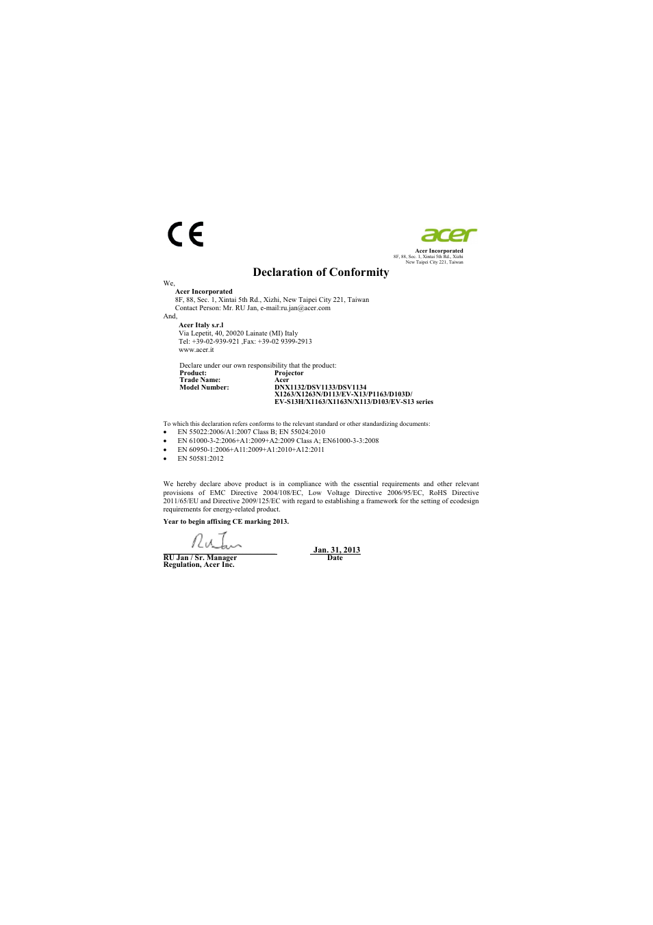 Declaration of conformity | Acer X1263N User Manual | Page 56 / 57