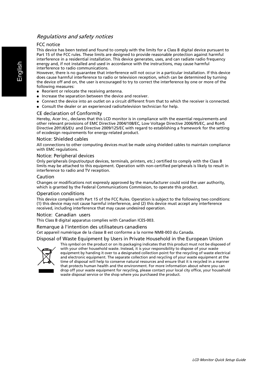 English, Regulations and safety notices | Acer Q226HQL User Manual | Page 2 / 2