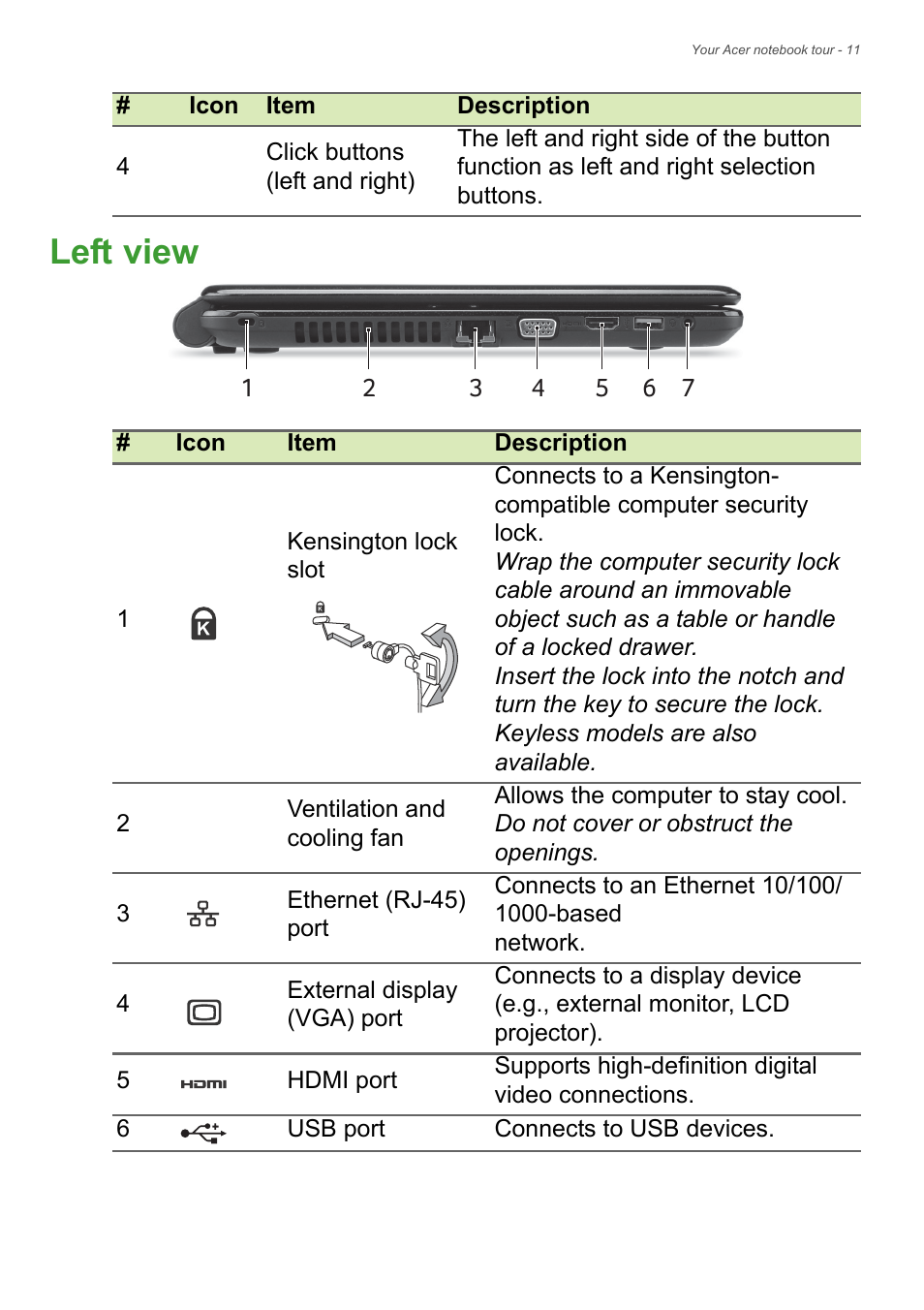 Left view | Acer Aspire E1-410 User Manual | Page 11 / 86