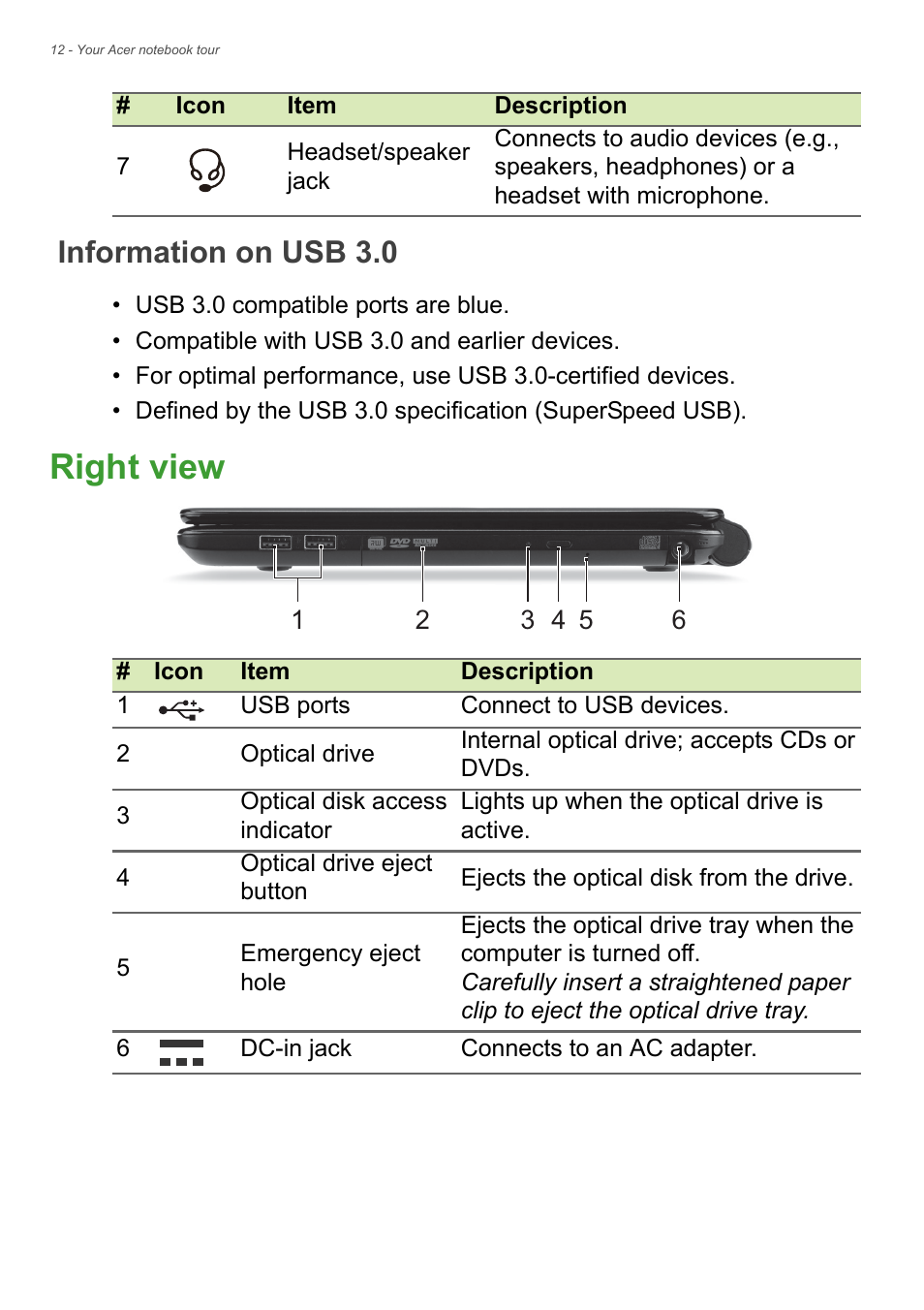 Information on usb 3.0, Right view | Acer Aspire E1-410 User Manual | Page 12 / 86