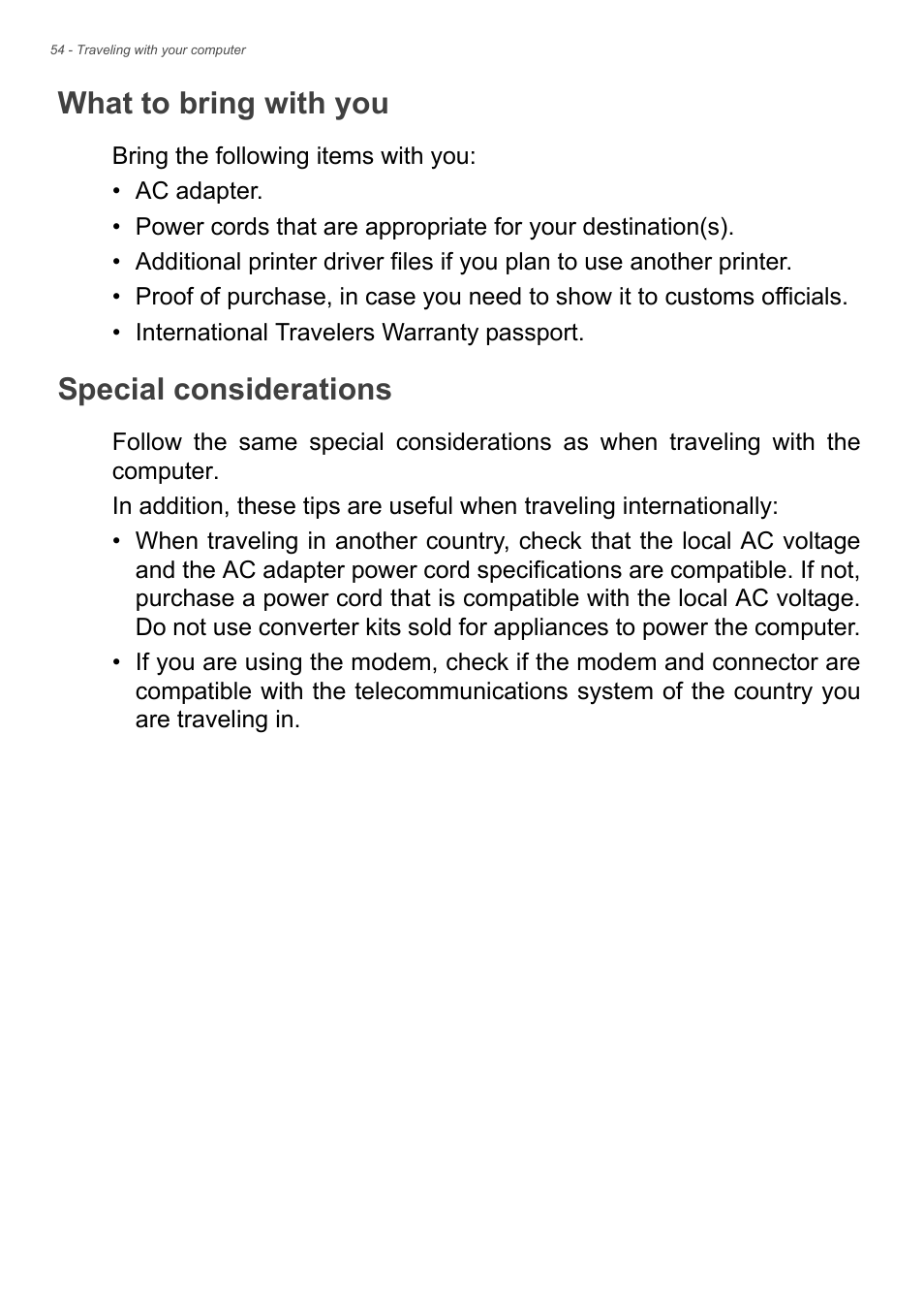 What to bring with you, Special considerations, What to bring with you special considerations | Acer Aspire E1-410 User Manual | Page 54 / 86