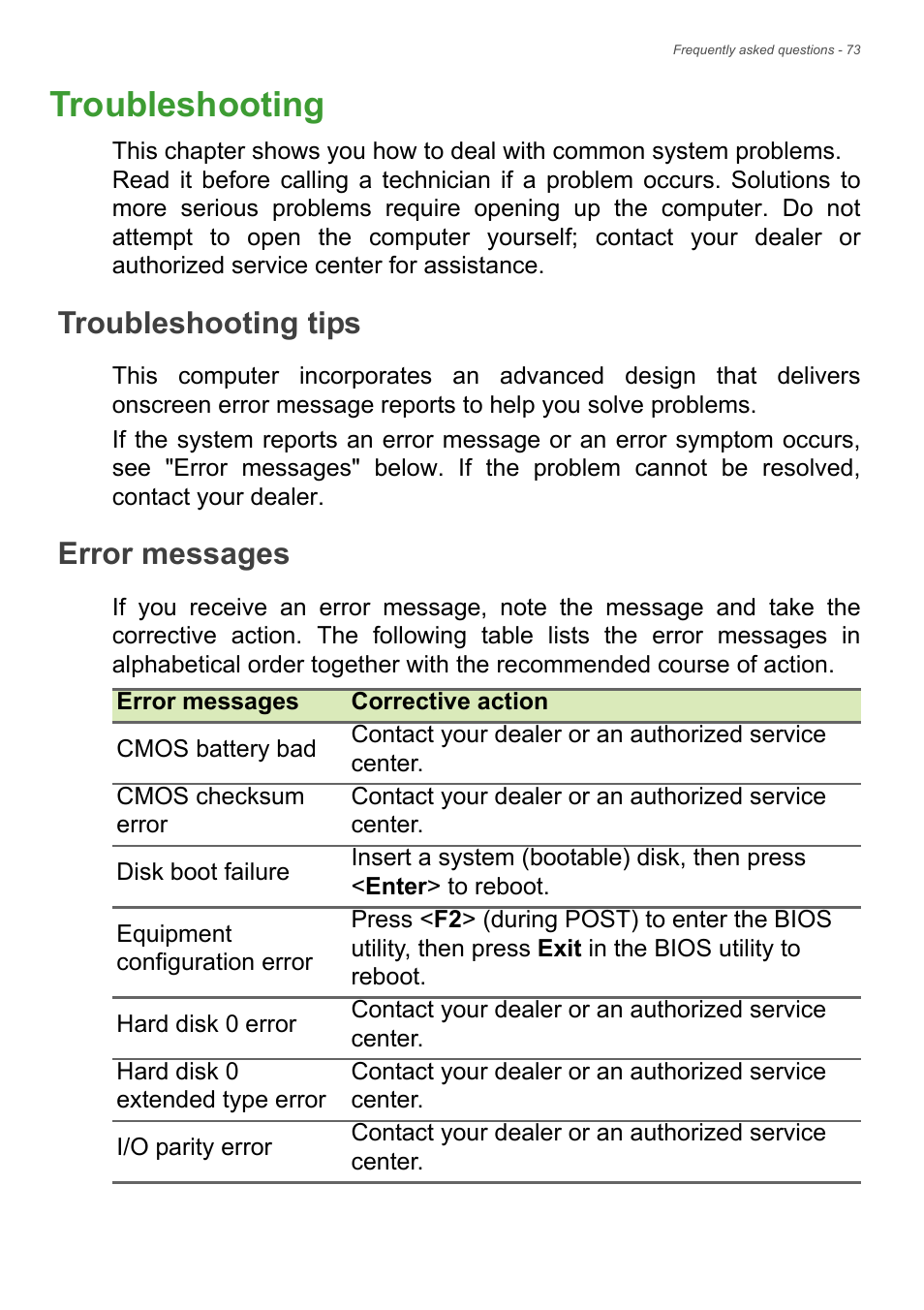 Troubleshooting, Troubleshooting tips, Error messages | Troubleshooting tips error messages, Requently | Acer Aspire E1-410 User Manual | Page 73 / 86