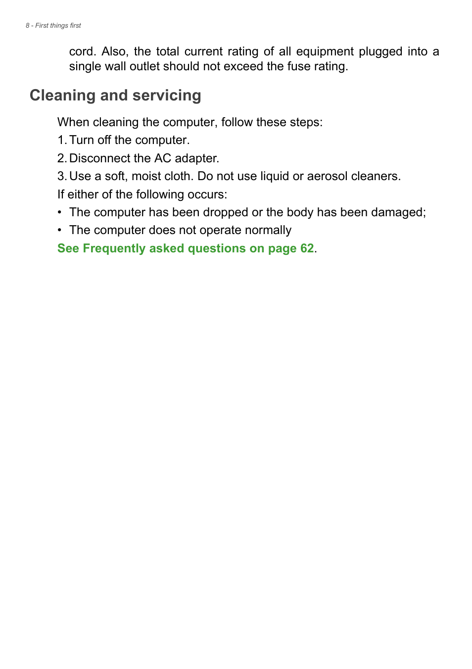 Cleaning and servicing | Acer Aspire E1-410 User Manual | Page 8 / 86