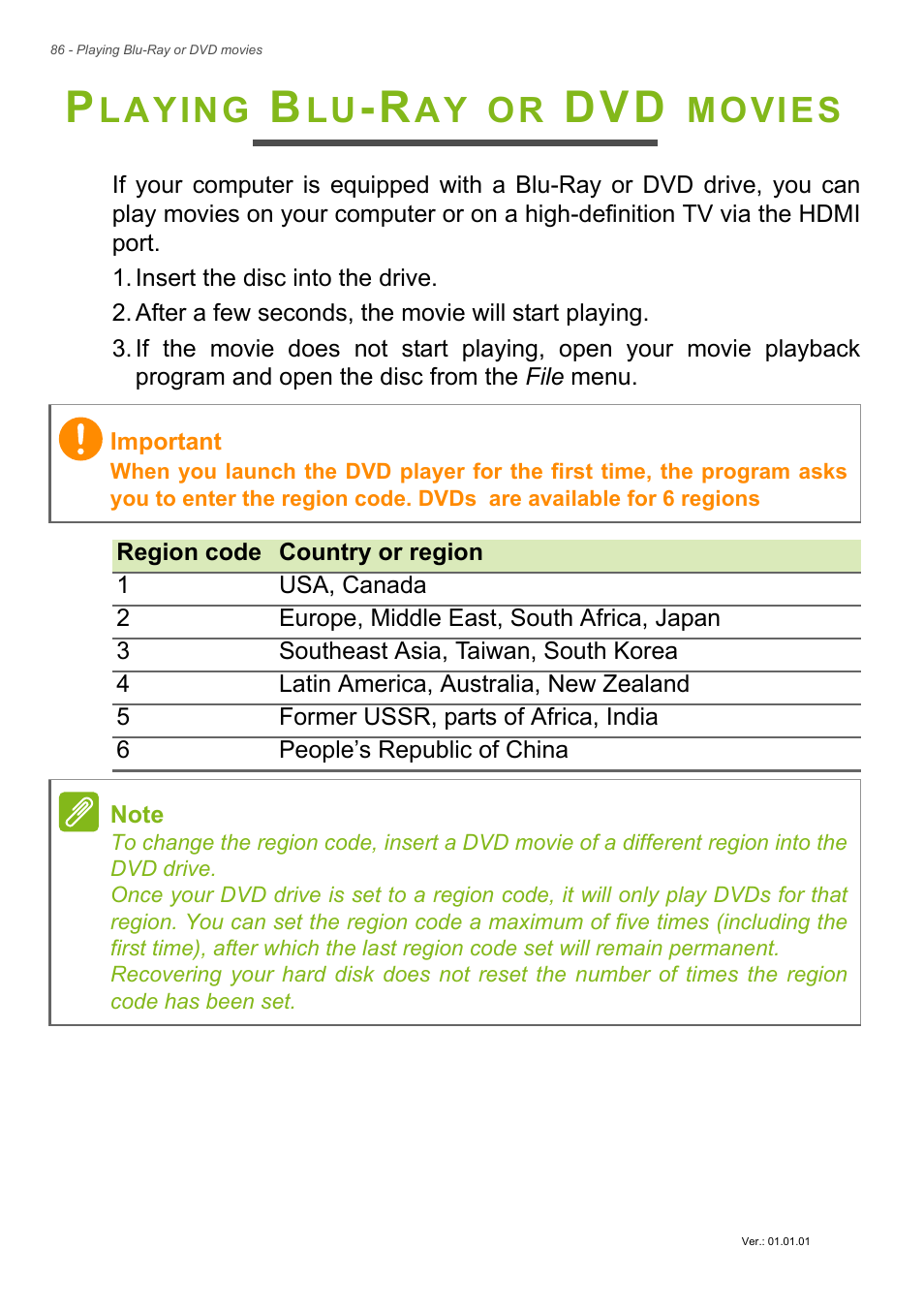 Playing blu-ray or dvd movies, Laying, Movies | Acer Aspire E1-410 User Manual | Page 86 / 86