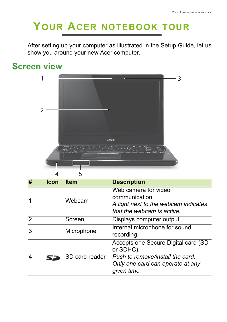 Your acer notebook tour, Screen view, Tour | Acer Aspire E1-410 User Manual | Page 9 / 86