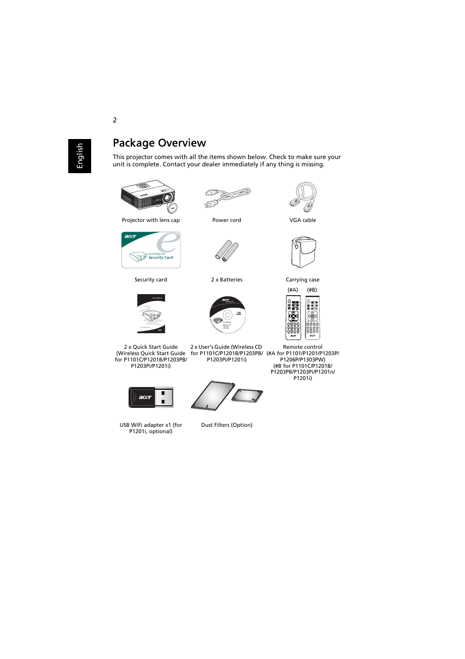 Package overview, En gl ish | Acer P1203PB User Manual | Page 12 / 74