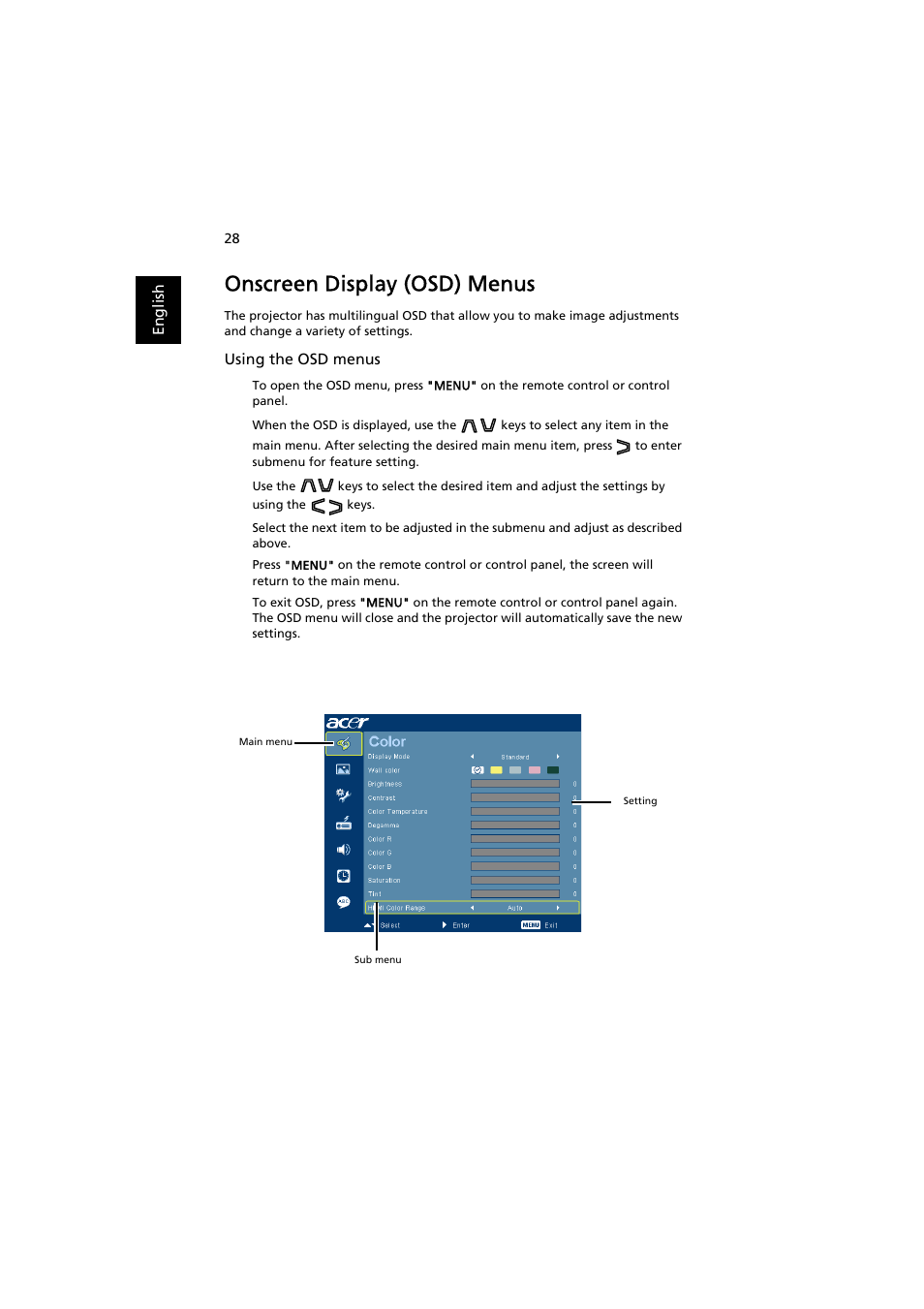 Onscreen display (osd) menus | Acer P1203PB User Manual | Page 38 / 74