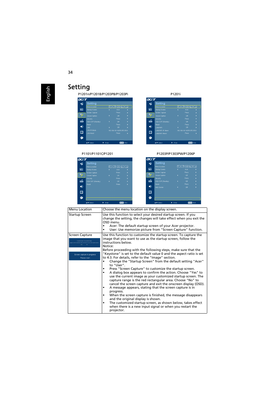 Setting | Acer P1203PB User Manual | Page 44 / 74