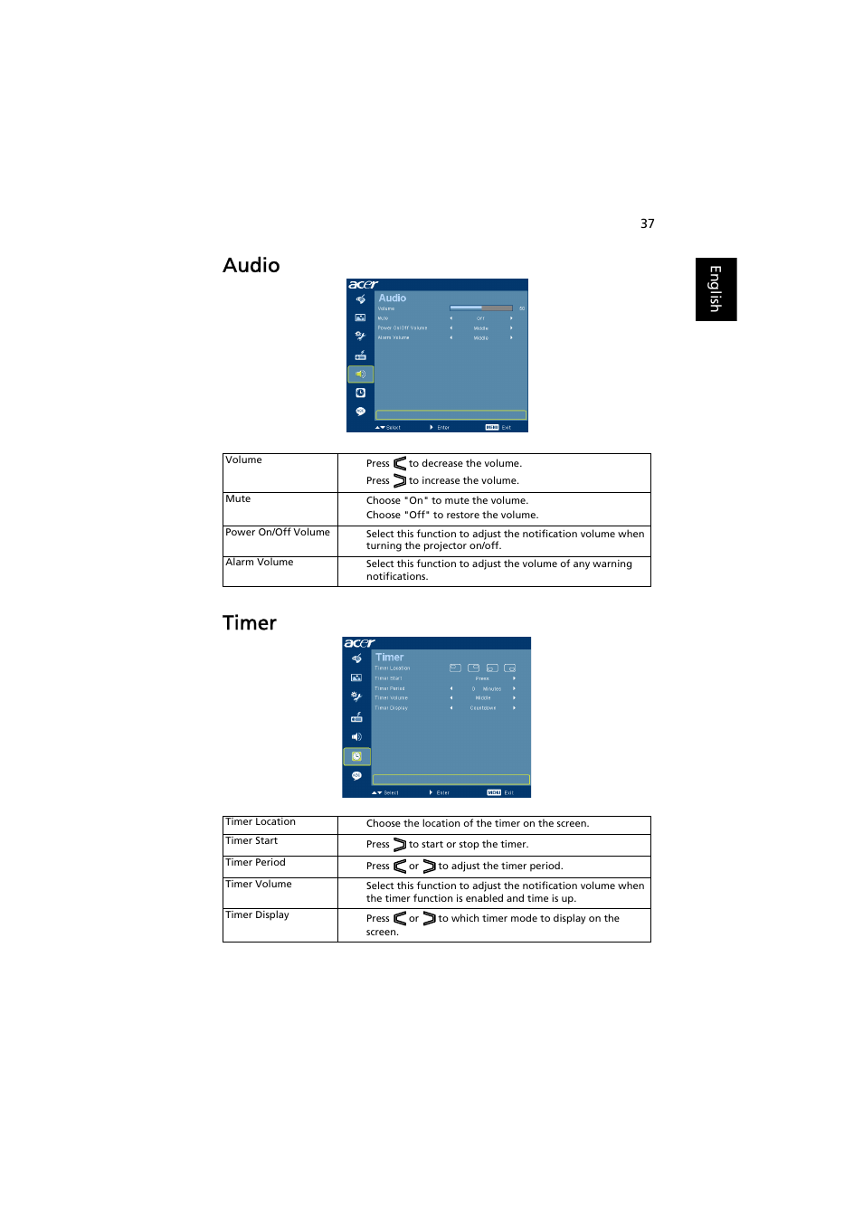 Audio, Timer, Audio timer | Acer P1203PB User Manual | Page 47 / 74